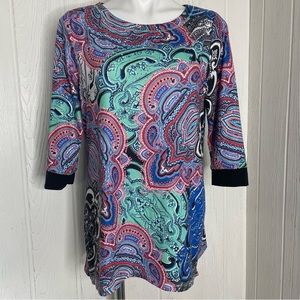T/O Tunic PM Rhinestones 3/4 Sleeves Paisley Blue Pink Green Black White